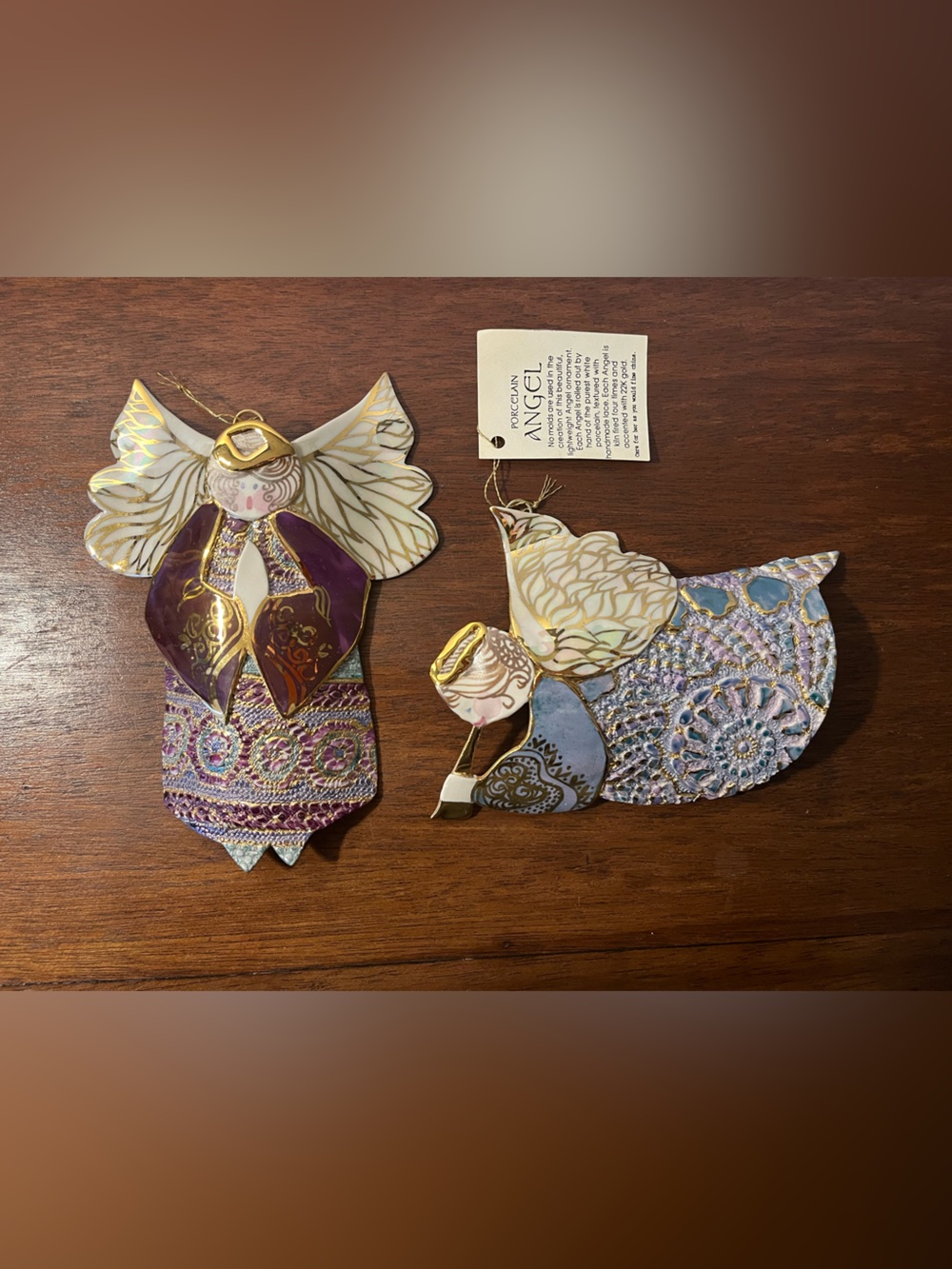 Vicki Taylor Handmade Porcelain Angel Ornament 22k Gold Vintage 1995 LOT of 2